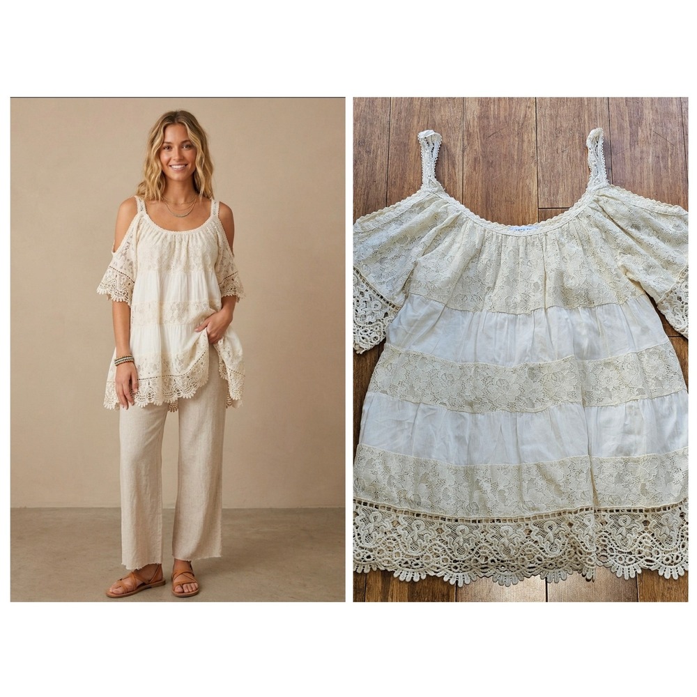 Tempo Paris Cold Shoulder Tunic Womens Small Cream Lace‎ Tiered Boho Festival